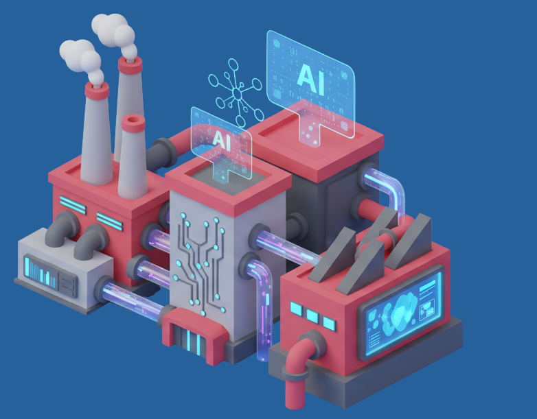 More industrial and ensure background os a solid vibrant blue, factory is red and gray 